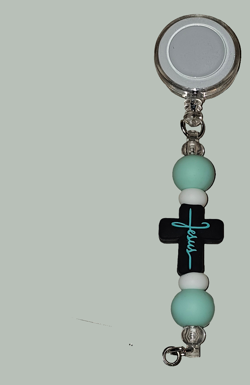 Beaded Badge Reel Black, Turqouise Cross
