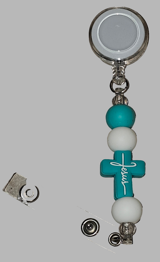 Beaded Badge Reel Turqouise, White Cross