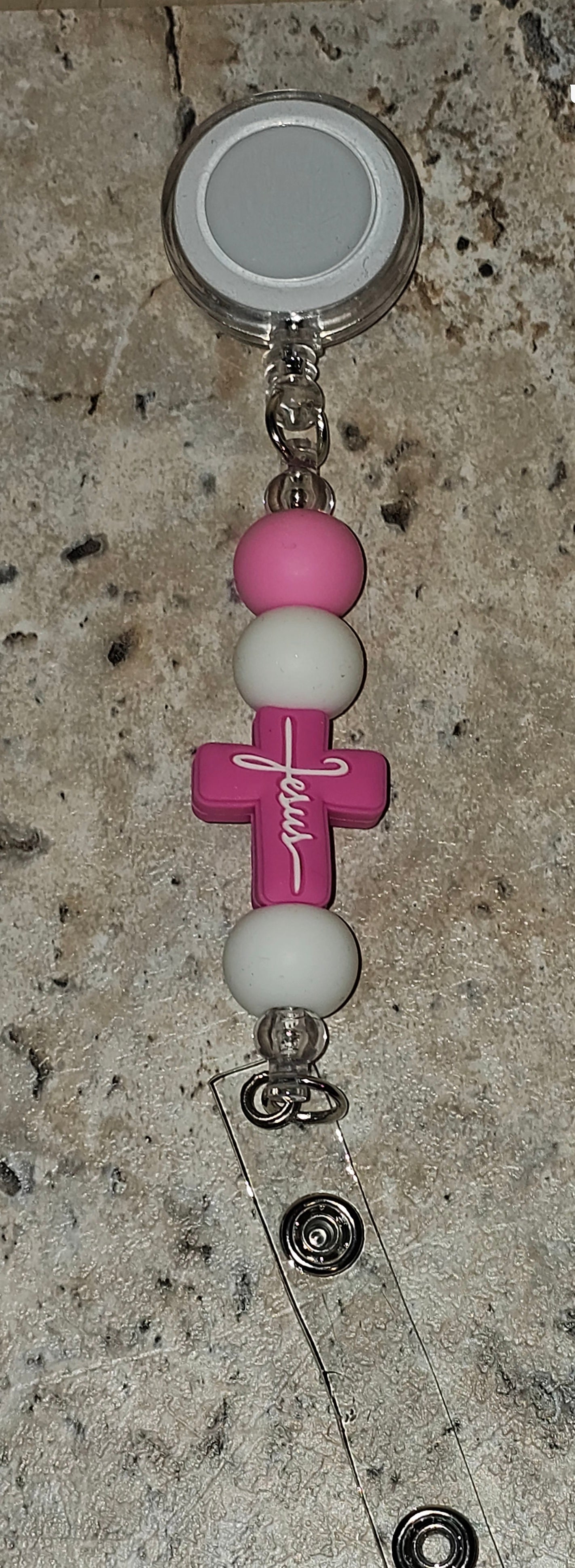 Beaded Badge Reel Pink Cross
