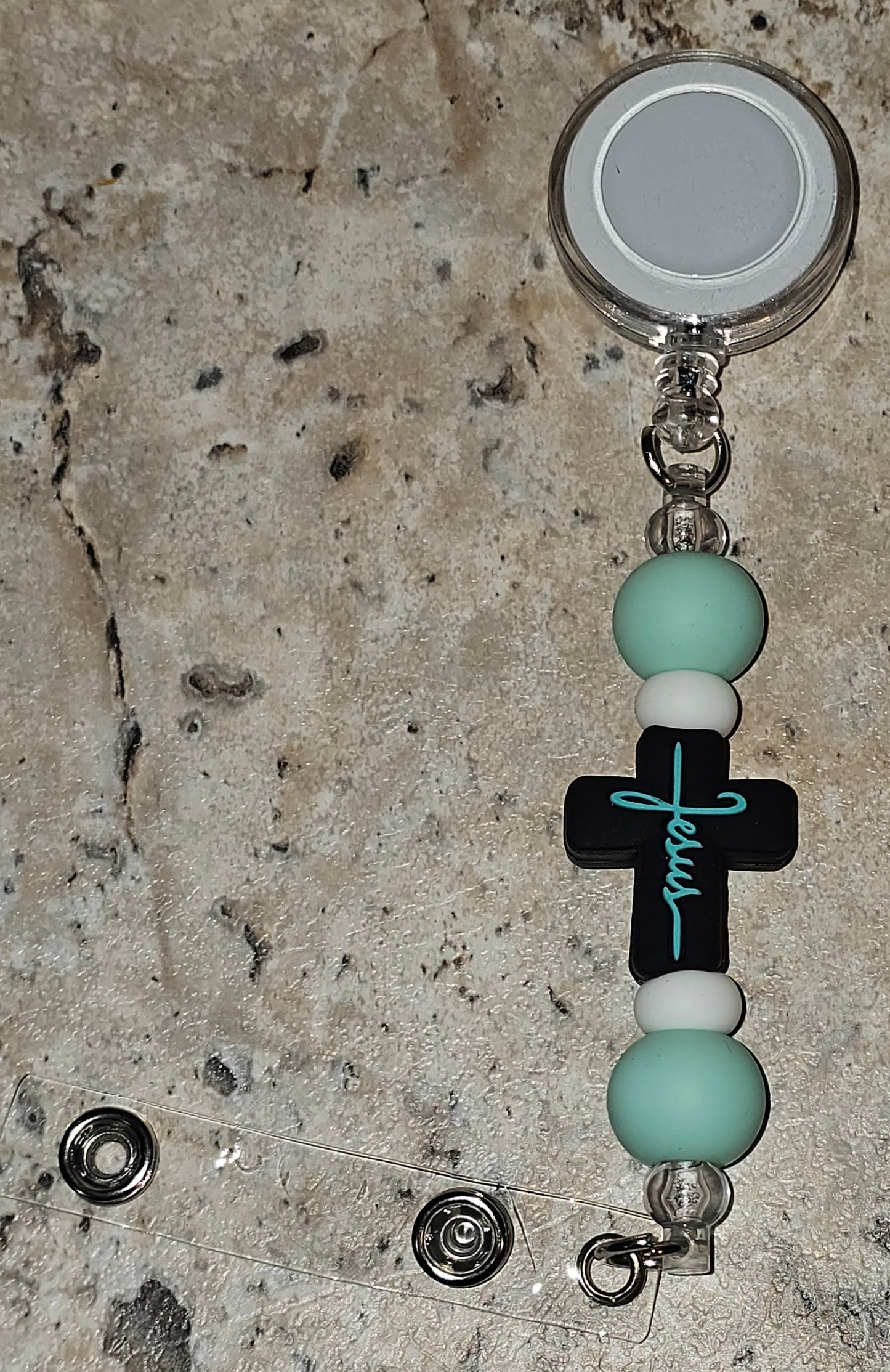 Beaded Badge Reel Black, Turqouise Cross