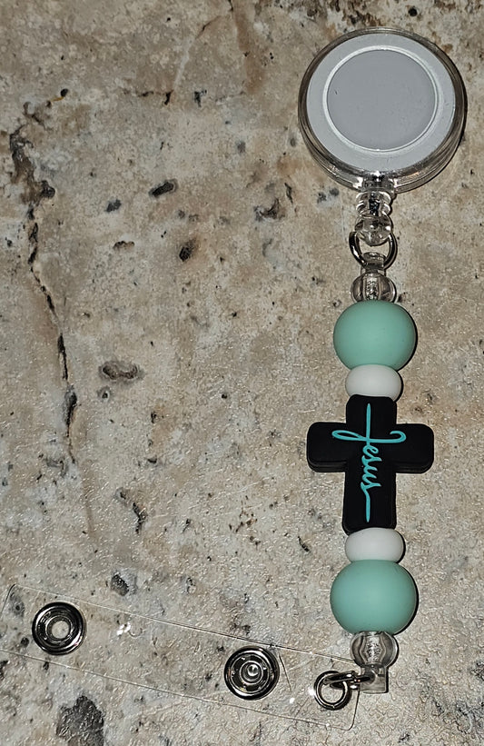 Beaded Badge Reel Black, Turqouise Cross