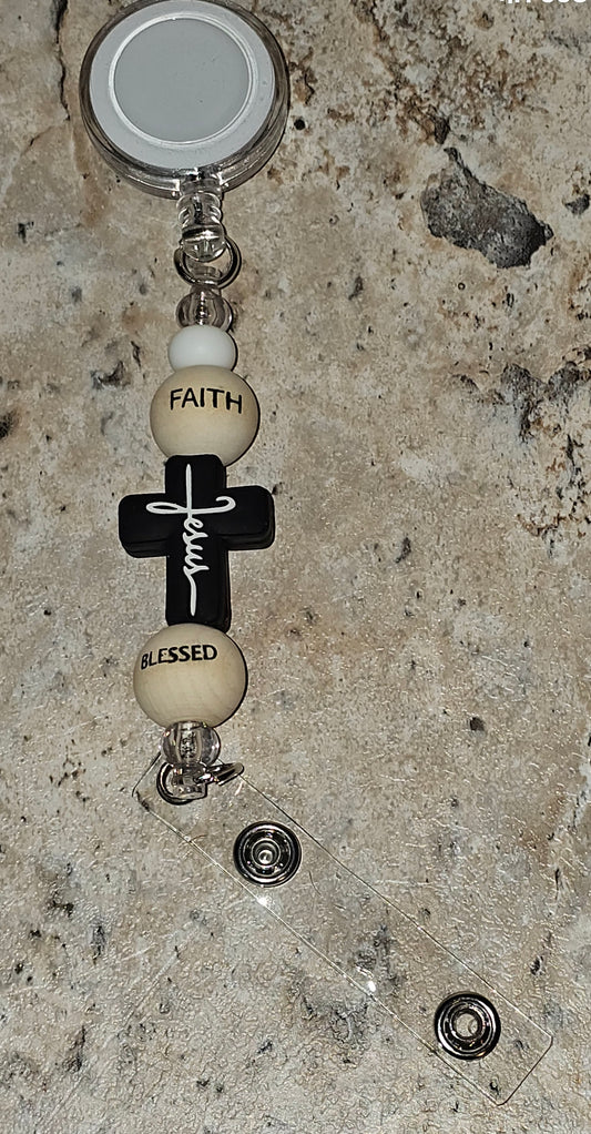 Beaded Badge Reel Faith, Cross, Blessed