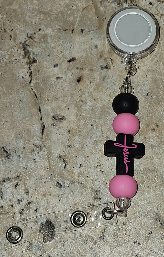 Beaded Badge Reel Black, Pink Cross