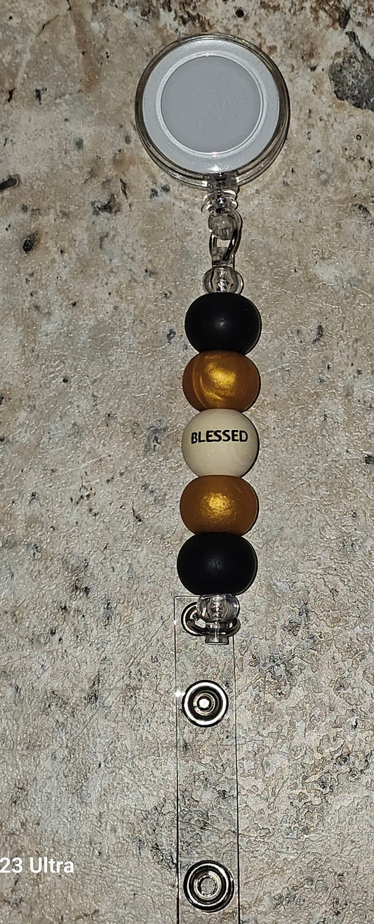 Beaded Badge Reel Blessed